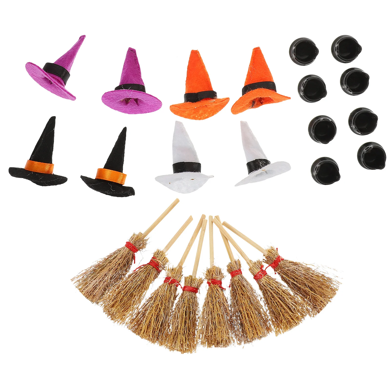 

Mini Witch Hat with Broom and Small Cauldron Set Halloween Party Decor for Crafts Dollhouse Accessories