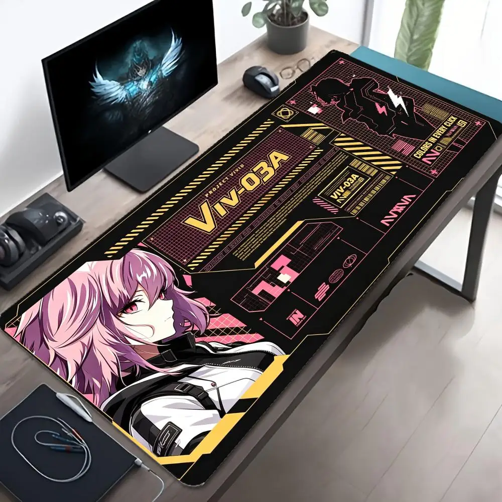 XXL Cyberpunk Anime Girl Mouse Pad Tech Grid Futuristic Panel Art Deskmat Non-Slip Rubber Keyboard Mat Gaming Table Mousepad