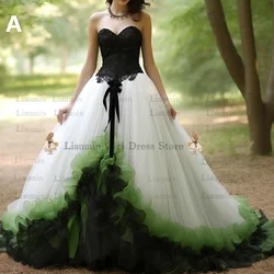 White Tulle Black Lace Applique Strapless Wedding Dresses Bridal Gowns Full Length Formal Occasion Clothing Customized Made W11