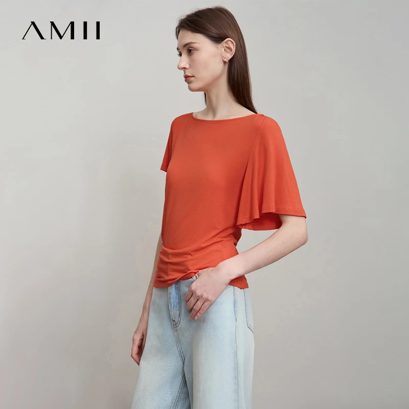 

AMII Minimalist Woman Slim Fit T-Shirt 2025 Summer Boat Neck Asymmetric Short Sleeve Tee Tops Women's Luxury Clothing 12522173