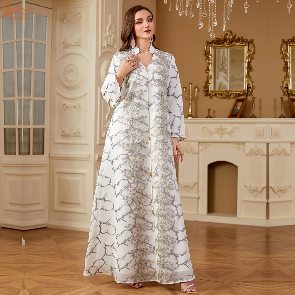 Uni musulmán bordado Maxi Abaya Dubai moda Kaftan de manga larga vestidos árabes para mujeres 2025