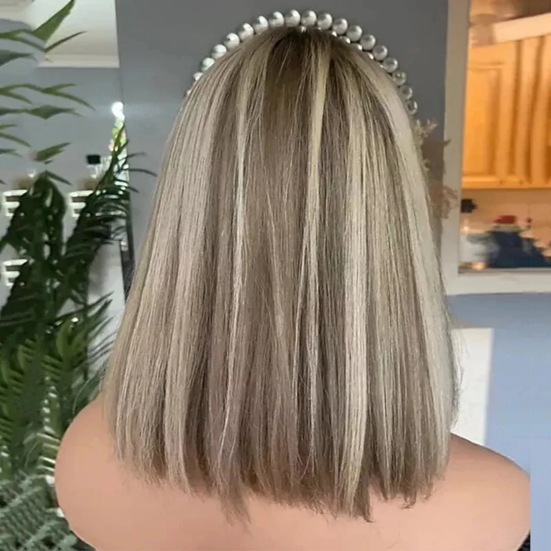 숄더 내추럴 스트레이트 여성용 가발 뉴 밥 옴브레 하이라이트 애쉬 블론드 합성 HD 레이스 프론트 가발 리얼리스틱 헤어라인 가발