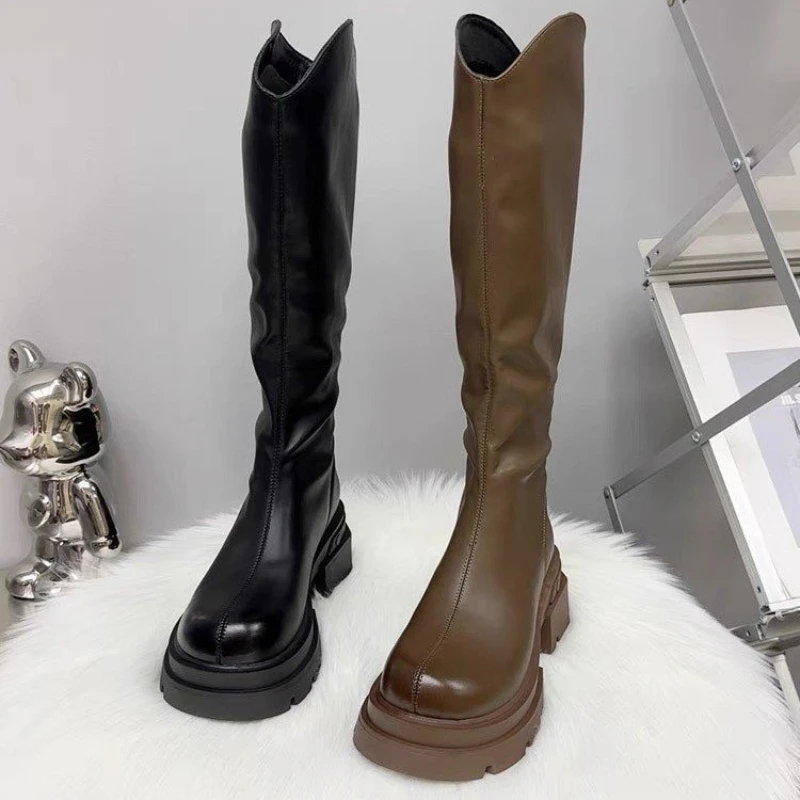 Winter New Female Knight Boots Round Toe Square Root PU Solid Color Knee-high Boots Increased Casual Fashion Women\'s Shoes