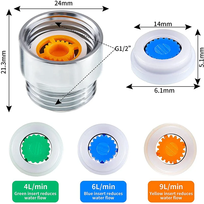 24 Pieces Of Shower Flow Reducer Limiter Set, Water Restrictor, 1/2 Inch Thread Size 4, 6 And 9 L/Min-B91B