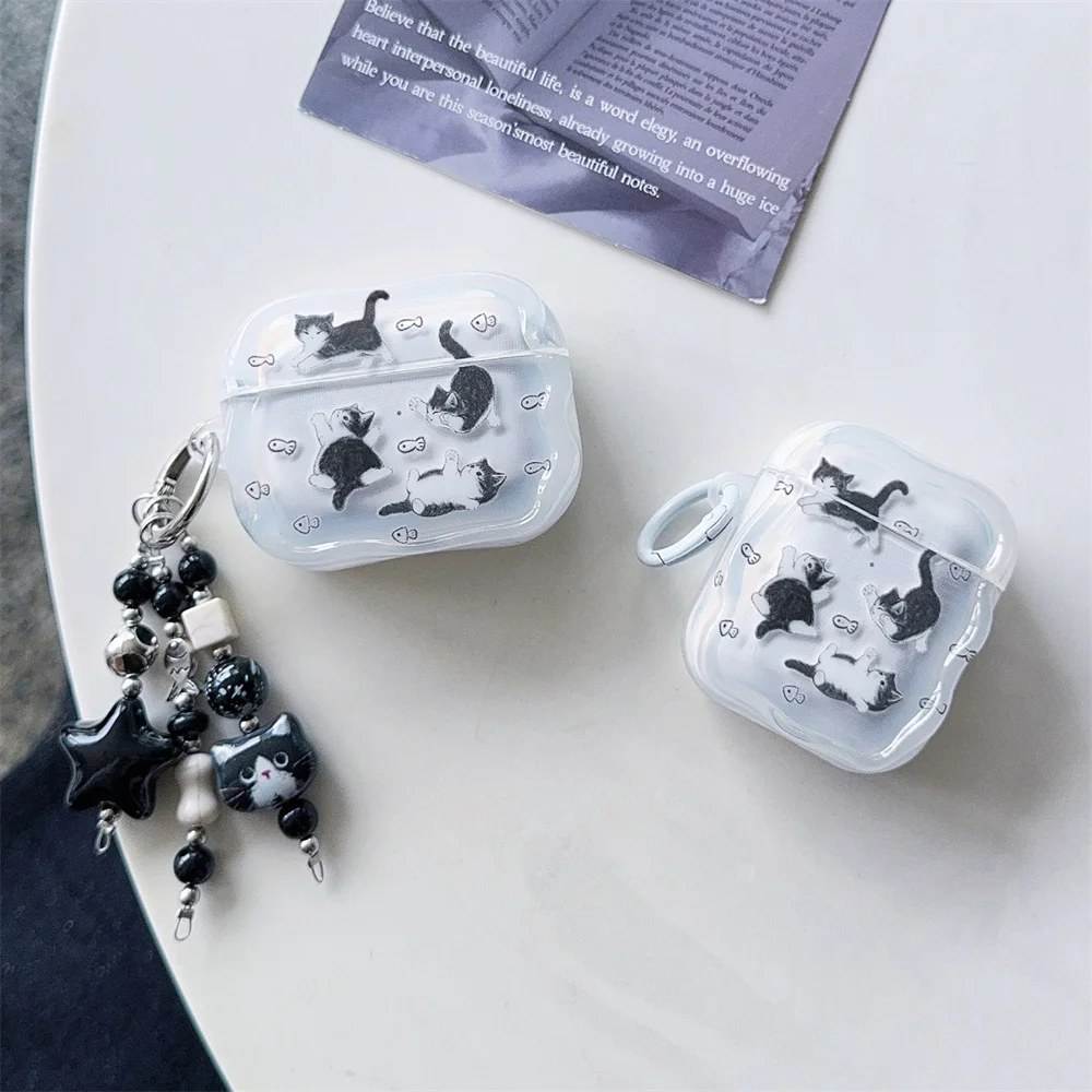 

Clear Cute Black Cat Earphone Case For Apple Airpods 4 3 2 Pro 3 Cover with Pendant Silicone Headphone Charging Cases For Airpod