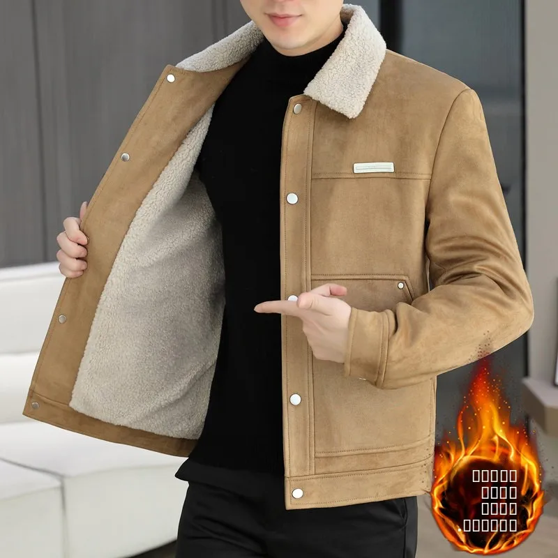 

Мужская утепленная куртка с воротником из овечьего меха, осенне-зимняя, модная, повседневная верхняя одежда из полиэфирного волокна, приталенный крой, деловой стиль