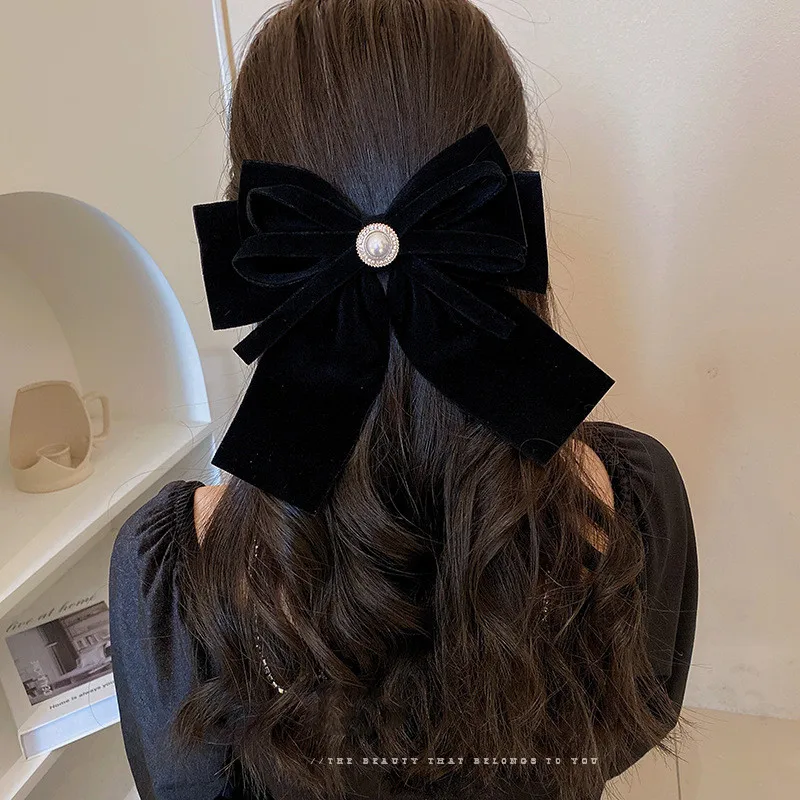 Girls Black Red Big Velvet Bow Hair Clip For Women Vintage Wedding Long Ribbon Korean Hairpin Barrette Headwear Hair Accessories