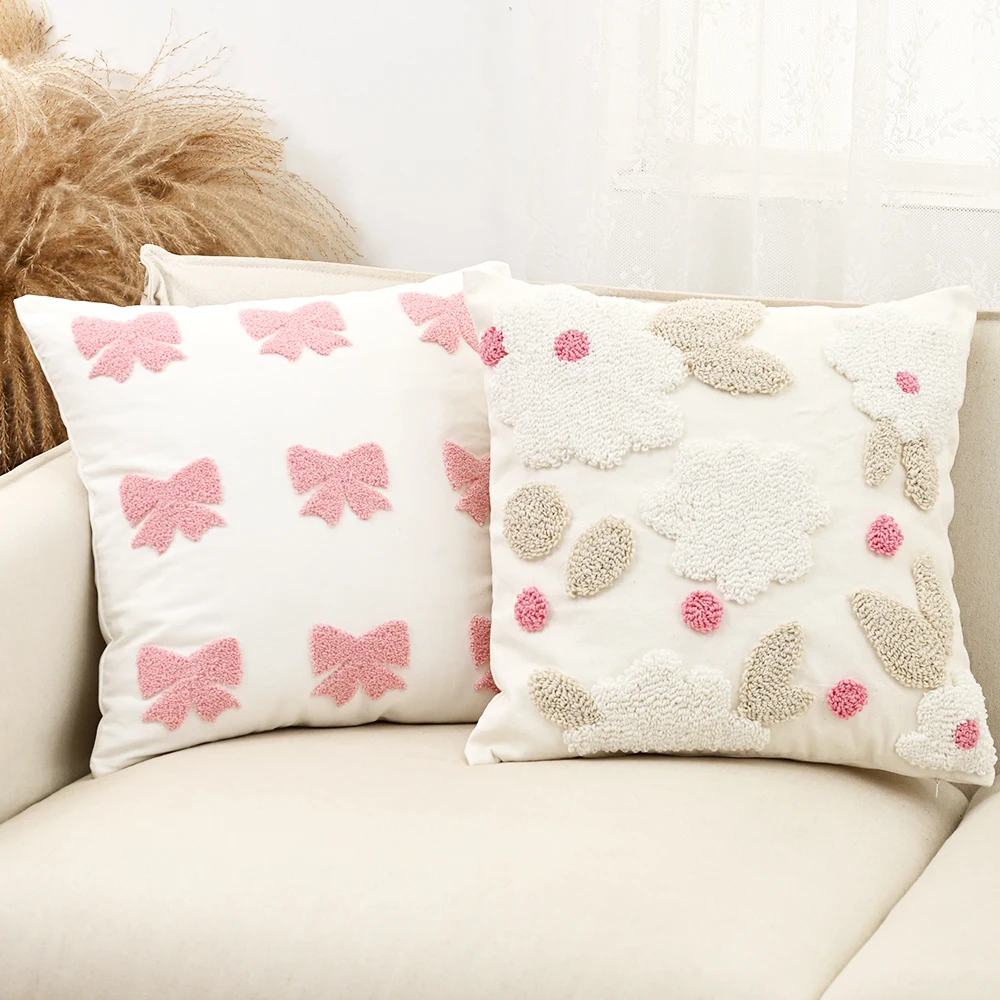 شراء القوس الحب زهرة المطرزة المخدة لطيف البوهيمي أريكة غطاء الوسادة غرفة نوم المنزل غرفة المعيشة ديكور cojines الفقرة سالا