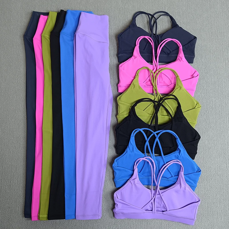 2 Pcs Women's Gym Tights Yoga Sports Set High Waist Leggings Cross Back Bra Top Fitness Running Workout Tracksuit