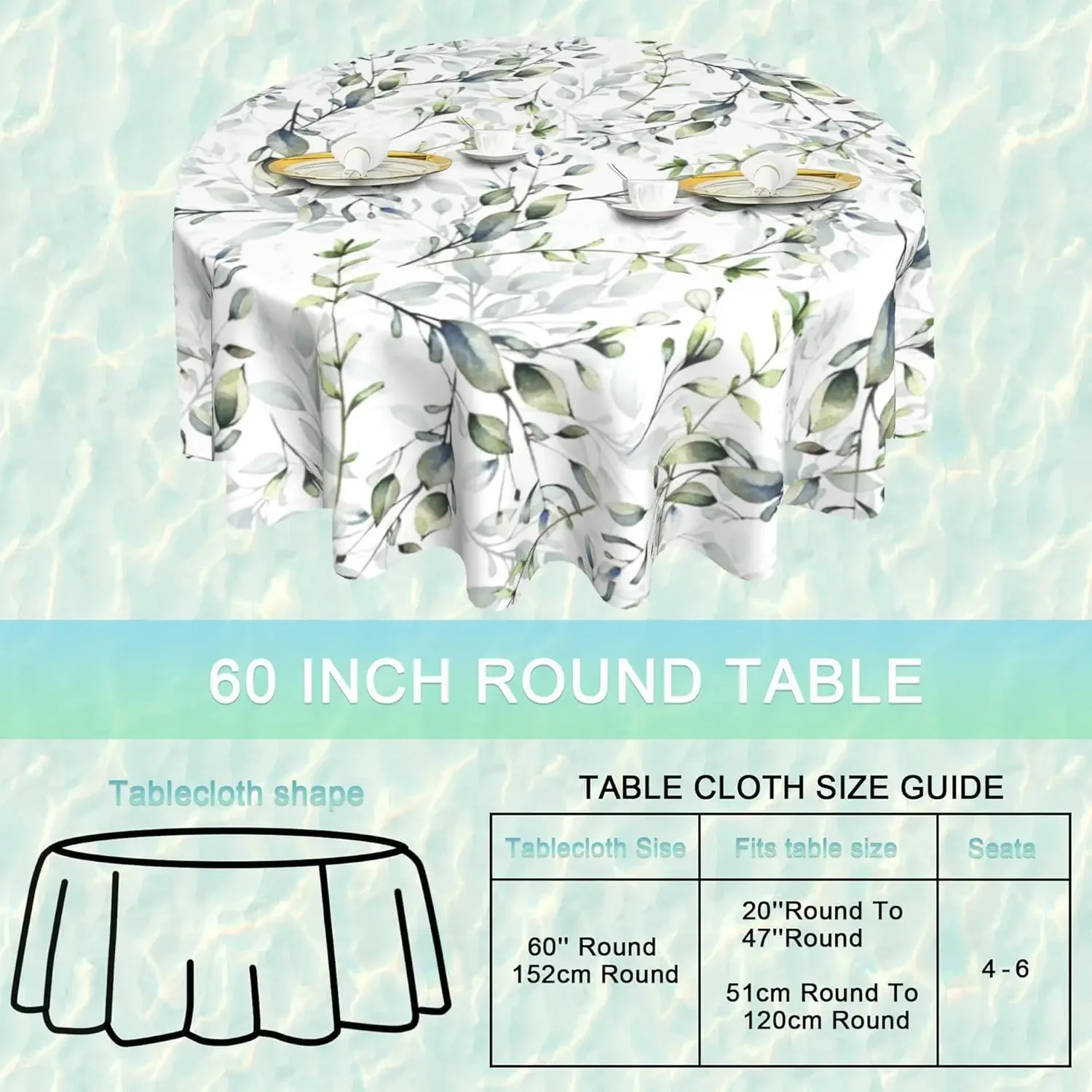 Green Sage Leaves Round Table Cloth Waterproof Stain Resistant Washable Circle Table Cover for Home Kitchen Dining Party