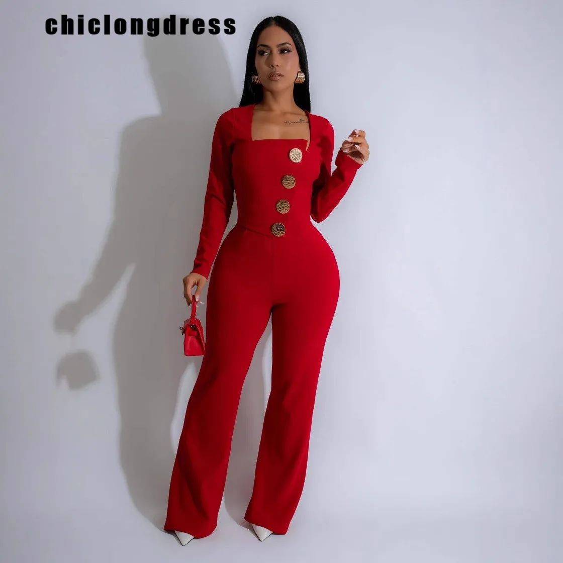 Spring Summer Fashion Button Up Jumpsuit Women Casual Solid Square Collar Long Sleeved Button Wide Leg Jumpsuit Women