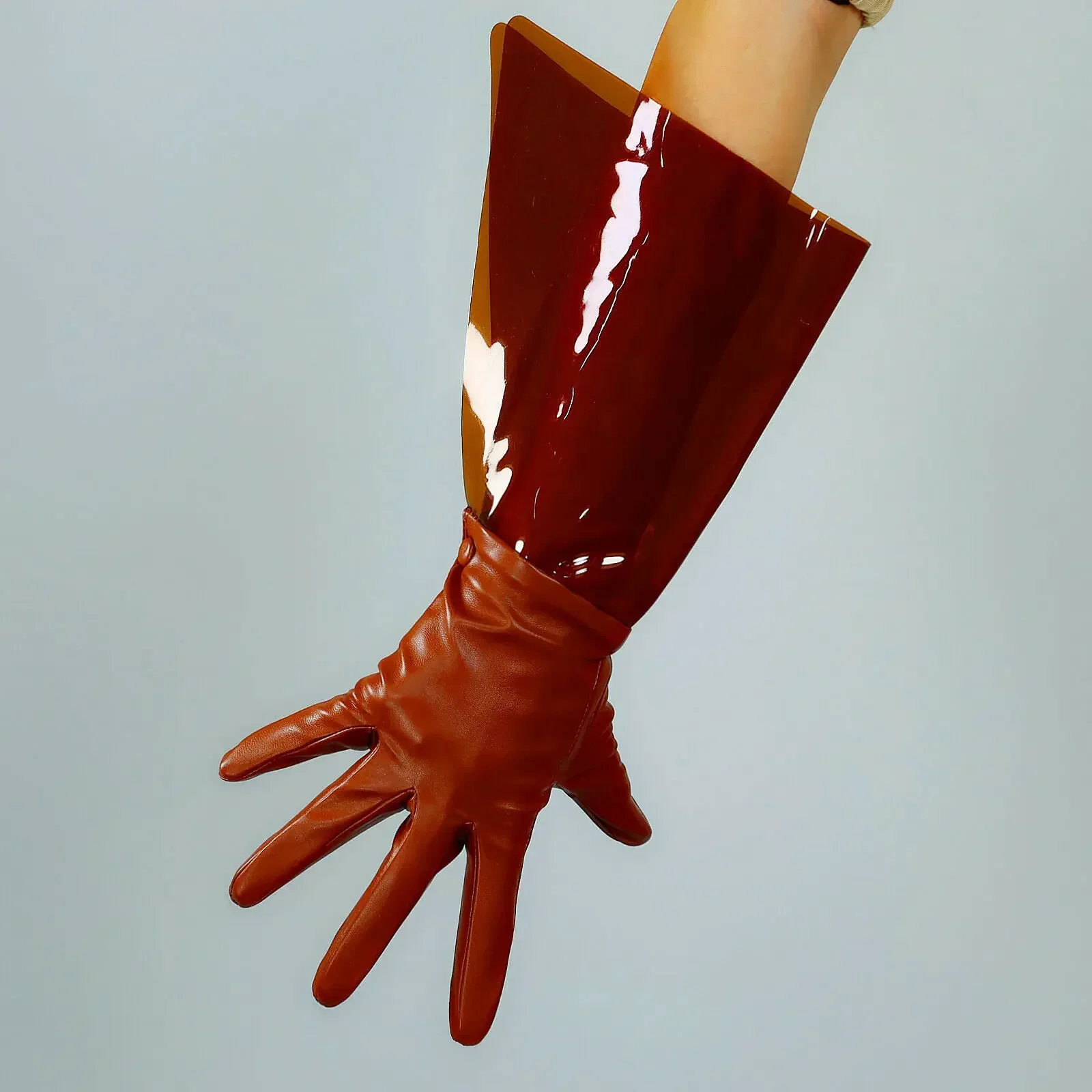 Brown Plastic GLOVES CLEAR PVC Puff Transparent Sleeves Faux Leather 38cm Long Evening Dressing Party Cosplay Halloween Glove
