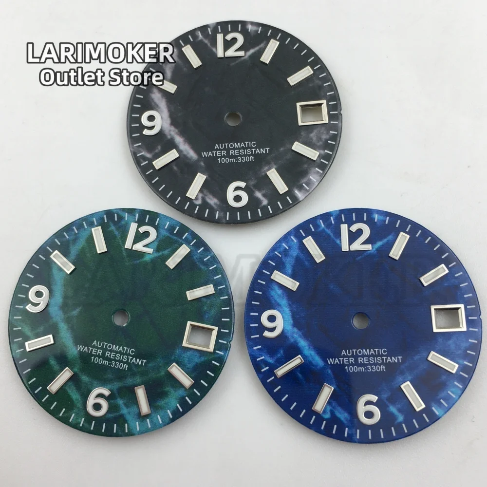

LARIMOKER 29mm Black/Blue/Green Sterile Dial with Date Window Luminous Suitable for NH35 Automatic Movement Watch Dial