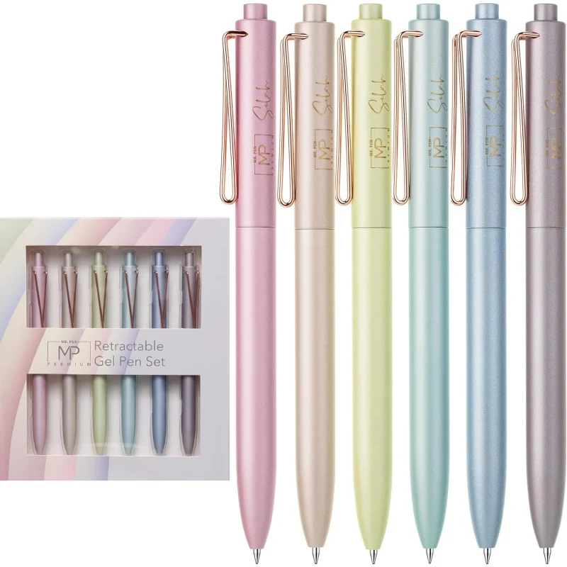 Retractable Gel Pens, 6, Black Ink Gel Pens Fine Point, Metallic Colorful Barrels