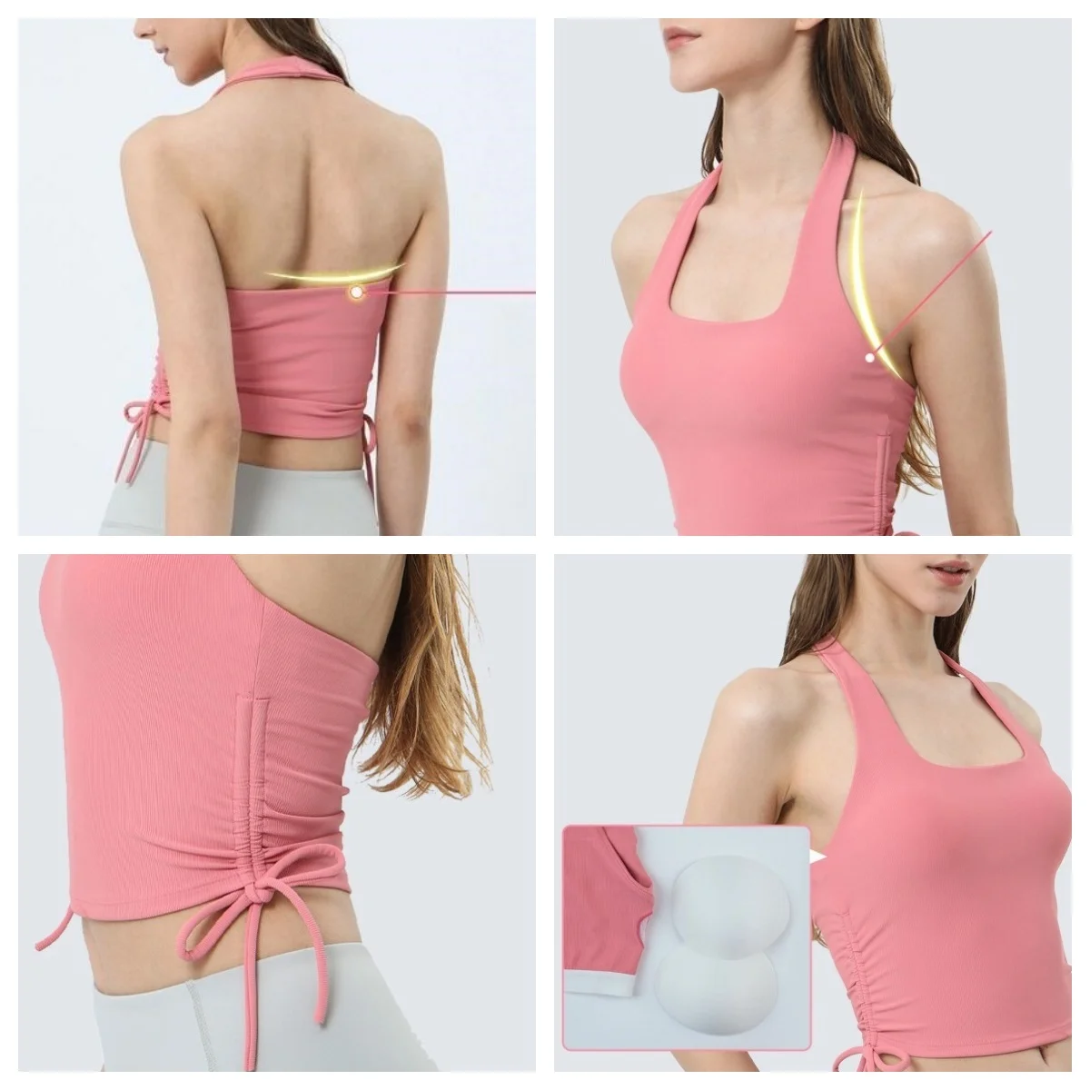 Roupa interior rosca feminina com logotipo, U-Neck, Backless Halter, almofada de peito destacável, cordão plissado, Yoga Fitness Sports Bra, colete