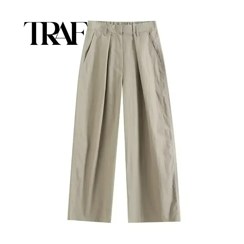 TRAF Casual Pants For Women Textured Yamamoto Pants New In 2024 Summer Elastic Waist Wide-Leg Pants Japanese Style