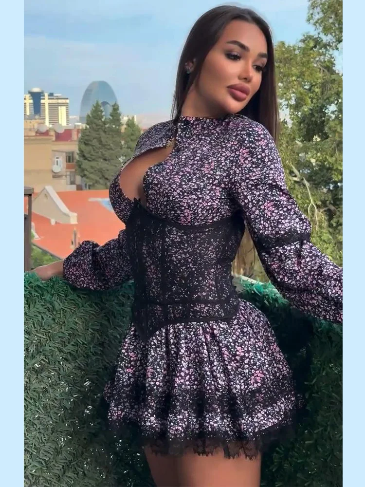 Damen-Minikleider mit Aufdruck, Taillenschnürung, Laternenärmeln, Kurzkleid mit O-Ausschnitt, Spitzen-Patchwork, Schlanker Schnitt, Partykleidung, Neu – Detail 20