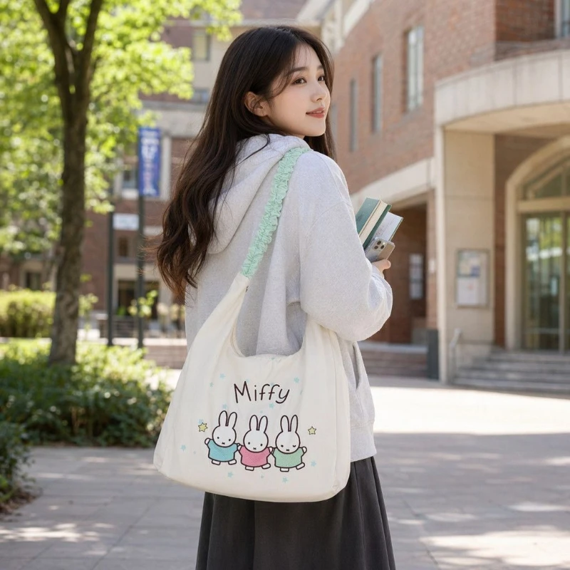 Cartoon Kawaii Miffy Canvas Bag Embroidery Large Capacity Commuting Not Shoulder-stretching Storage Wear-resistant Versatile New