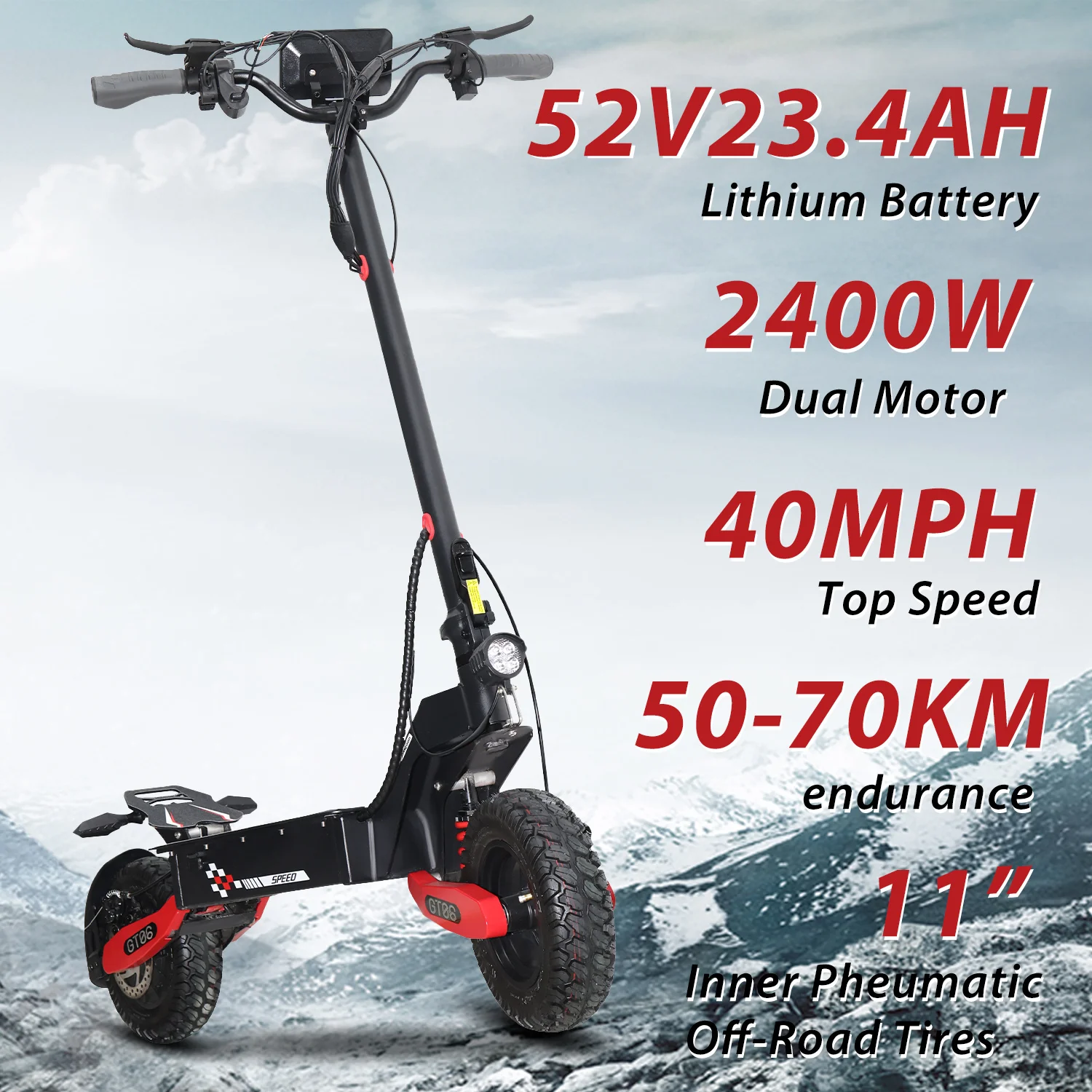 Scooter elétrico para adultos, EScooter de motor duplo, absorção de choque, pneus off-road dobráveis, 40MPH, 52V, 23AH,2400W, 11 ''off-road pneus