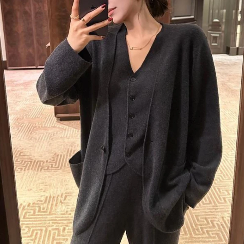 Cardigan Knitted Vest Wide-leg Pants Women's Vest Casual Autumn Winter Three-piece Fashion Elegant Leisure Suit Women's Clothing