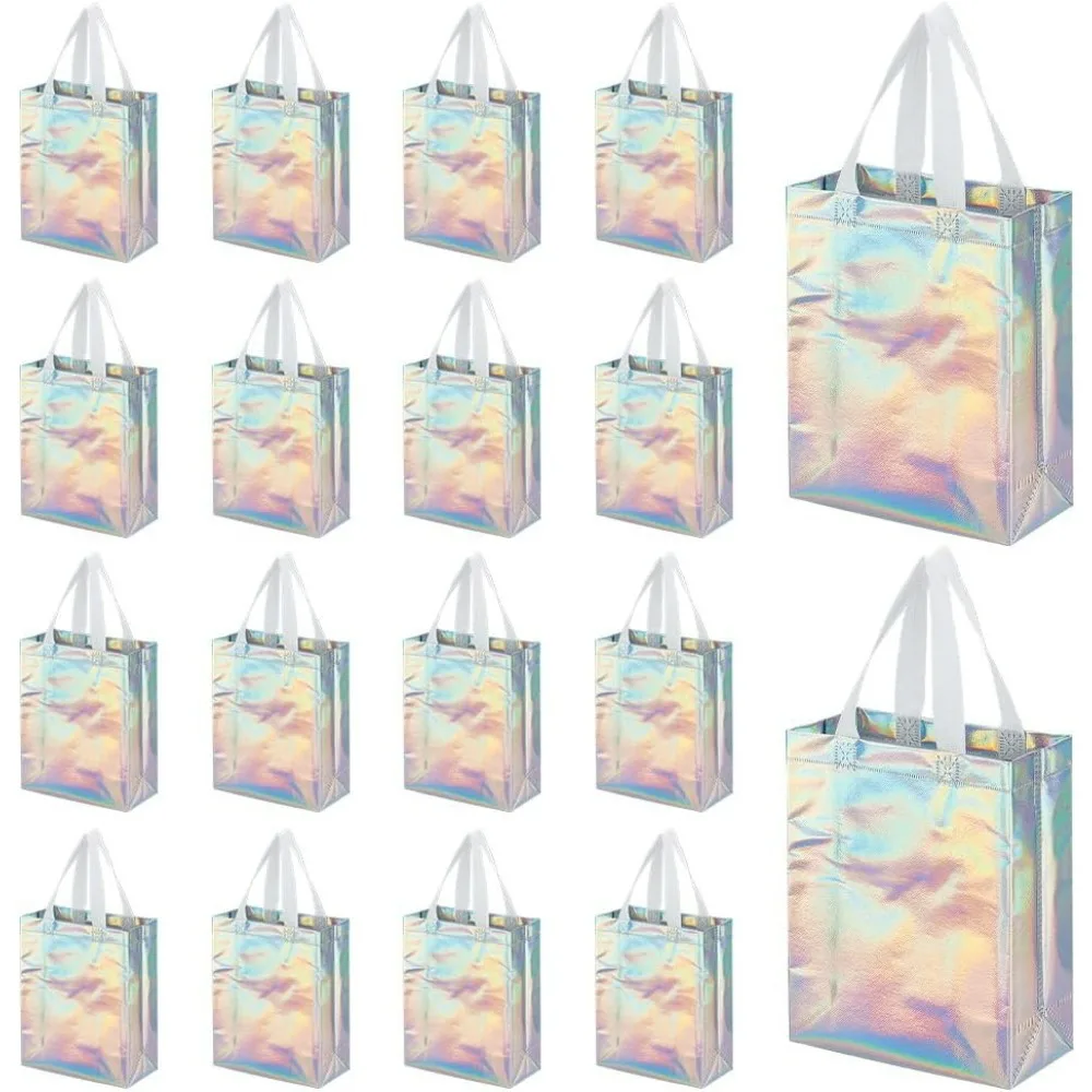 

18 Pcs Iridescent Reusable Gift Bags with Handles for Party Favor Bulk Non-woven Holographic Goodie Bags with Sturdy Base