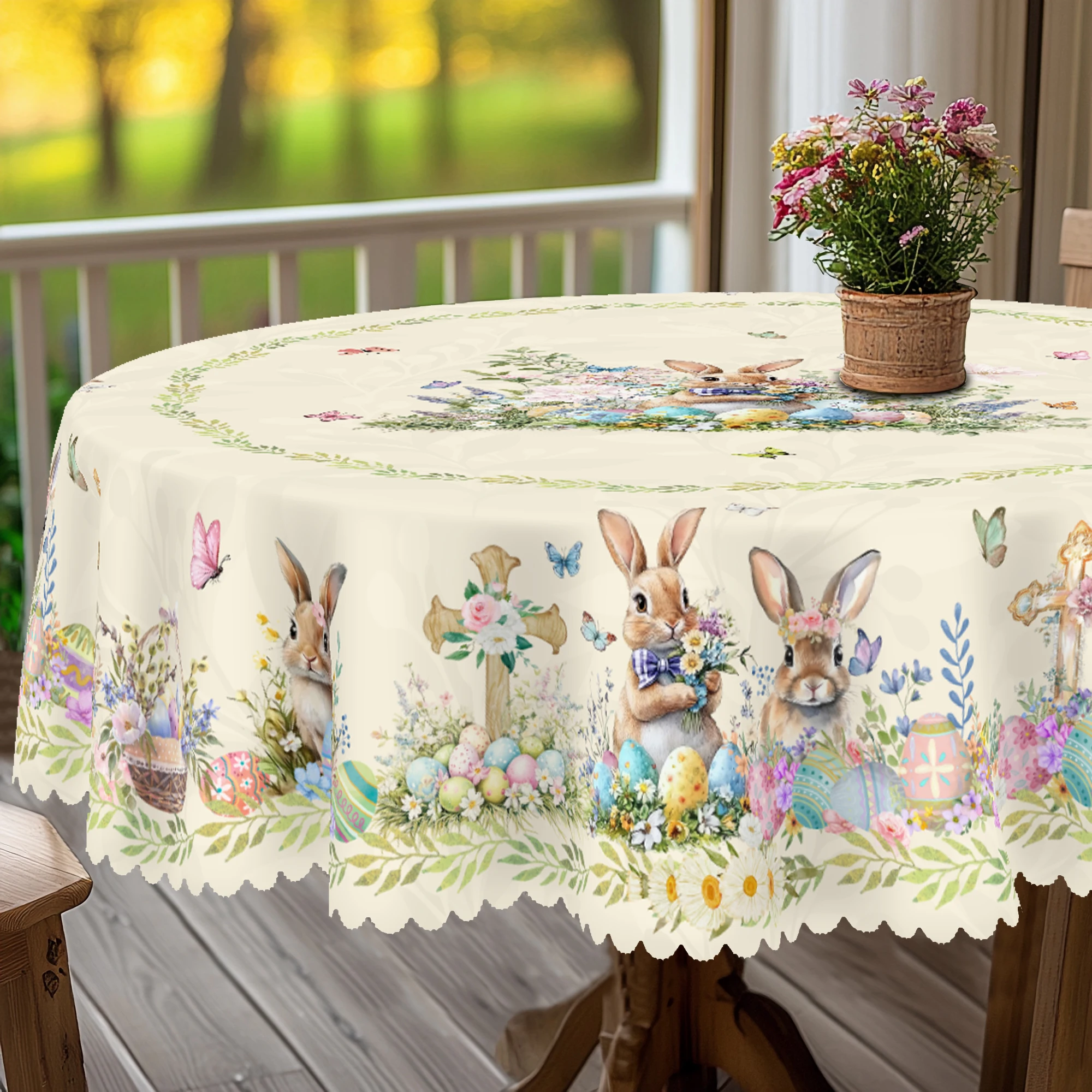 1 Easter Round Tablecloth, 5 Sizes Available, Easter Cross Rabbit Egg Print Tablecloth, Edge Embossing Process, Spring Garden Tablecloth Decoration,