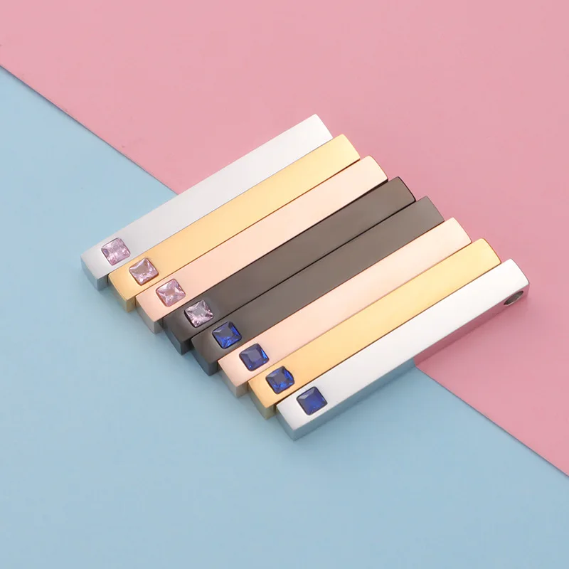 10PCS 40*4.8mm Stainless Steel 3D Stamping Bar Blank For Engraving Long Square Bar With Diamond Pendant DIY Making Jewelry
