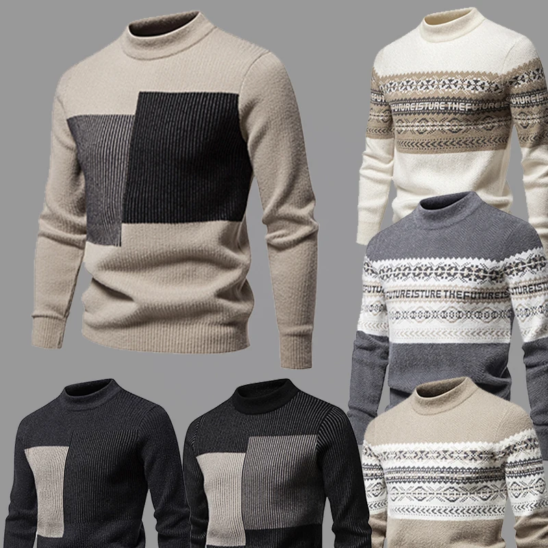 

Men's New Autumn/winter Jigsaw Long Sleeve Wavy Sweater Casual Turtleneck Sweater Pullovers