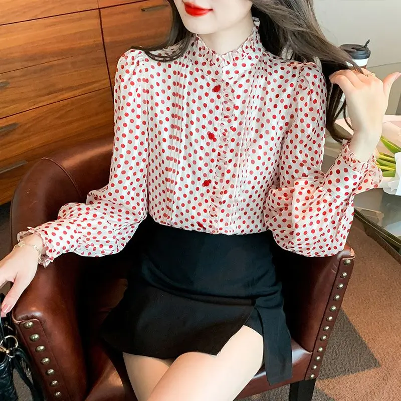 Spring Autumn New Fashion Half High Collar Long Sleeve Blouses Women\'s Clothing Polka Dot Button Loose All-match Korean Shirts