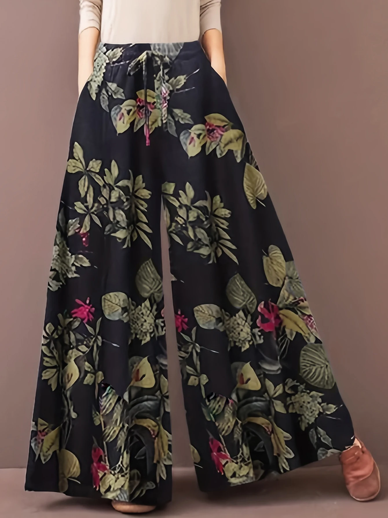 Plus Size Plant Print Spodnie z szerokimi nogawkami Casual Fake Drawstring Elastic Waist Pants Na Wiosnę i Jesień Odzież Damska Plus Size