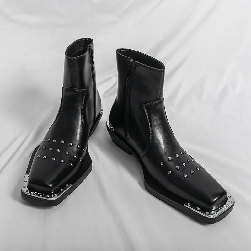 Designer Men High Top Boots PU Low Heel Trendy Square Head Rivet Decoration Outdoor Bare Boots Business Banquet Men Dress Boots