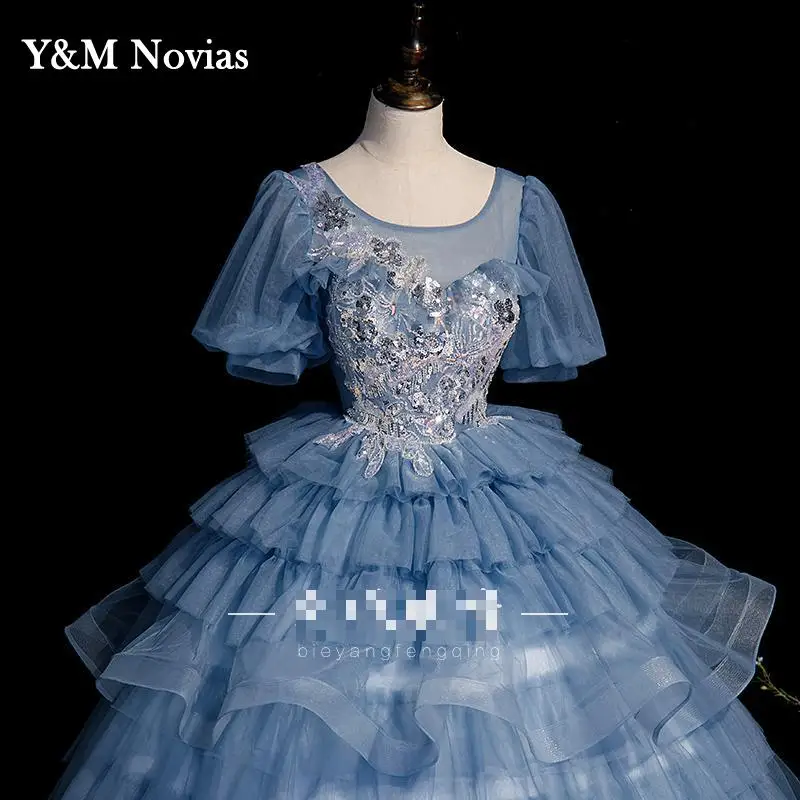 Vestido De quinceañera azul con mangas abullonadas, apliques De cuello redondo, lentejuelas, flores, Princesa, para fiesta, 15 años, 2022