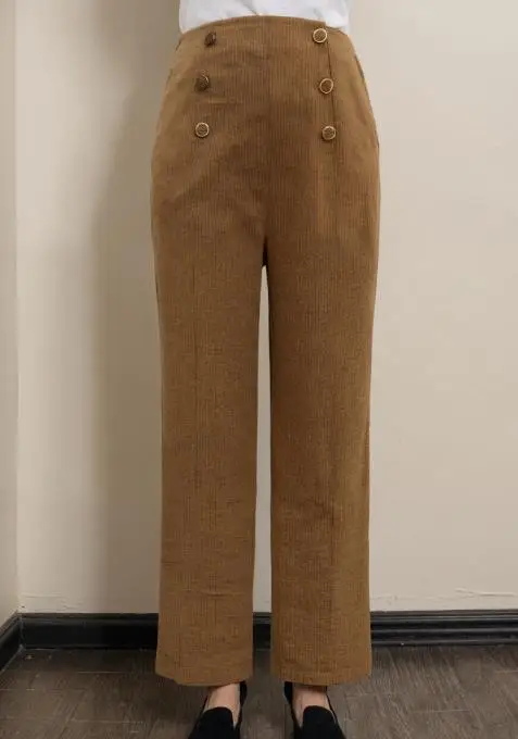 

Autumn Solid Color High Waisted Metal Button Decoration Straight Leg Pants for Women's Temperament Corduroy Straight Leg Pants