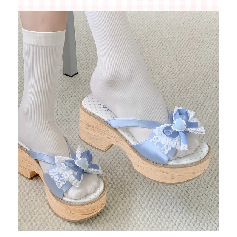 Sweet Bow Wood Grain Thick Bottom Platform Slippers Women Summer Japanese Cos Comfortable High Heeled Sandals view 4