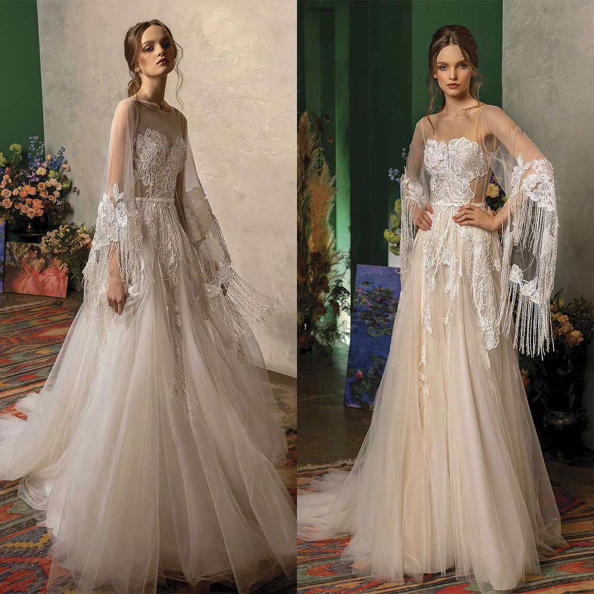 

Luxury A Line Wedding Dresses Sexy Long Sleeves Beading Appliques Lace Bridal Gowns Custom Made Zipper Back Sweep Train Robes