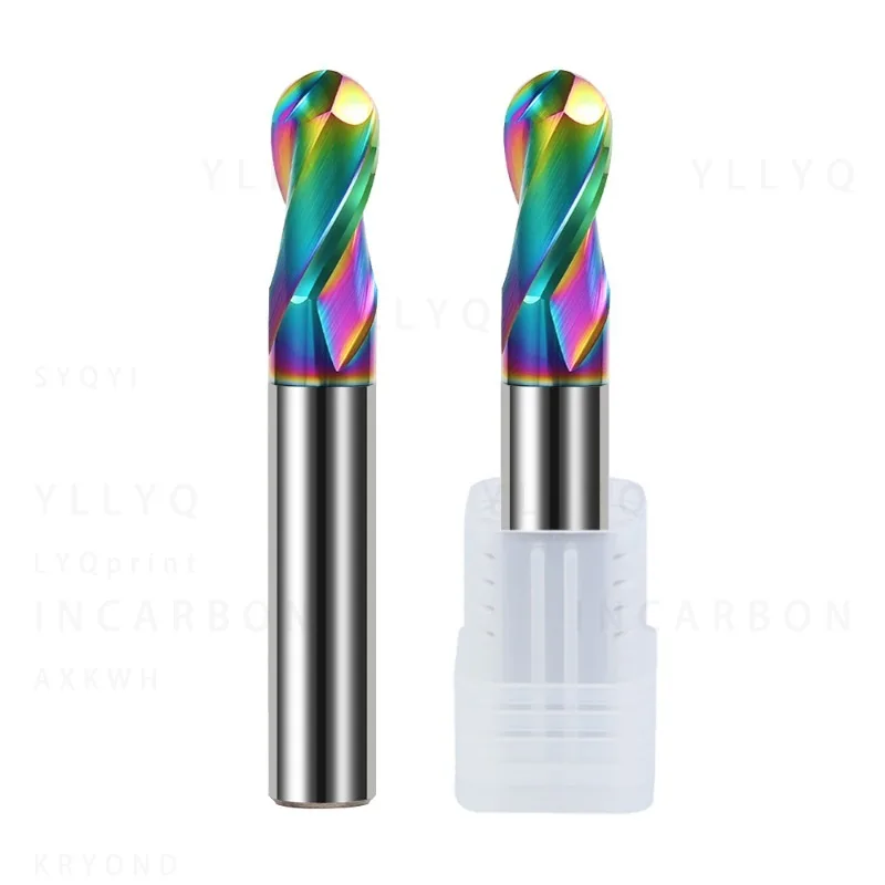 HRC60 2 Flute Carbide Ball Nose End Mill Colorful Coated High Gloss Milling Cutter for Aluminum CNC Machining Tool