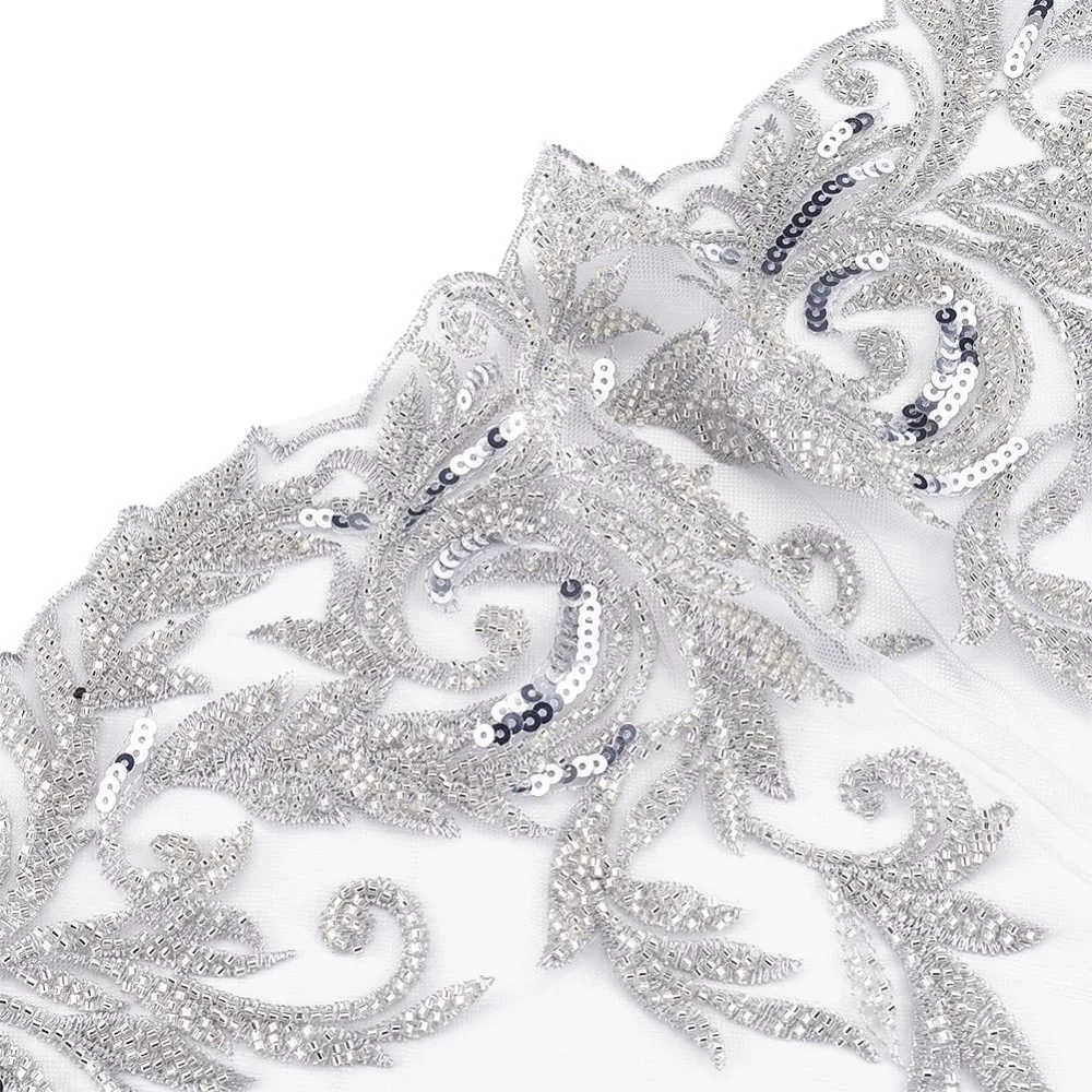 2 Yards Polyester Embroidery Flower Lace Trim Sparkle Lace Trimming with Paillettes Silver 12-5/8~13-5/8 inch(322~345mm)