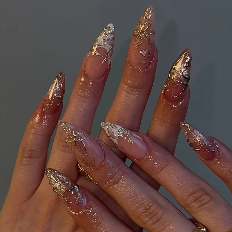 

24PCS Simple White French Press on Nails Full Cover Golden Flowers Patterns Almond Fake Nails for Women Pink Blush Wearable Tips