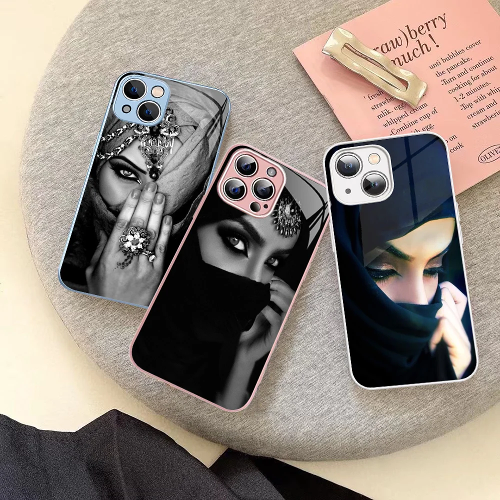 Muslim Islamic Arabic Hijab Face Gril Eyes Phone Case Tempered Glass For iphone 14 13 12 11 Pro Mini XS MAX 14Plus X XS XR Funda