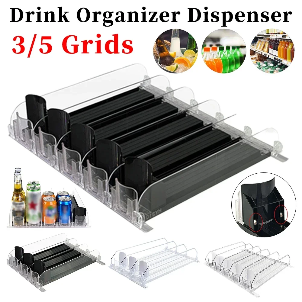 

Canned Beverage Push Rack Drink Organizer Dispenser Spring Push Adjustable Width Storage Shelf E-shaped Glide for Kitchen Fridge