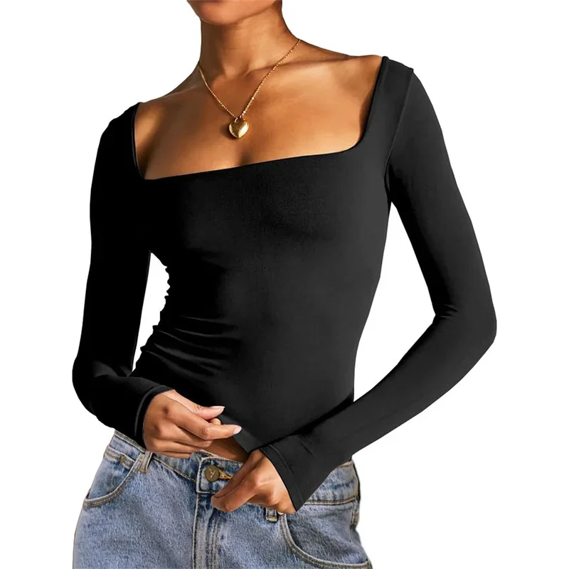 Xingqing y2k Crop Top Women Clothes Solid Color Square Collar Long Sleeve T Shirt Slim Fit Tees 2000s Clothing Club Streetwear