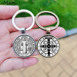 Cross Saint Benedict Keychain For Men Glass Cabochon Pendant Catholic Christian Key Chain Metal Keyring Gift
