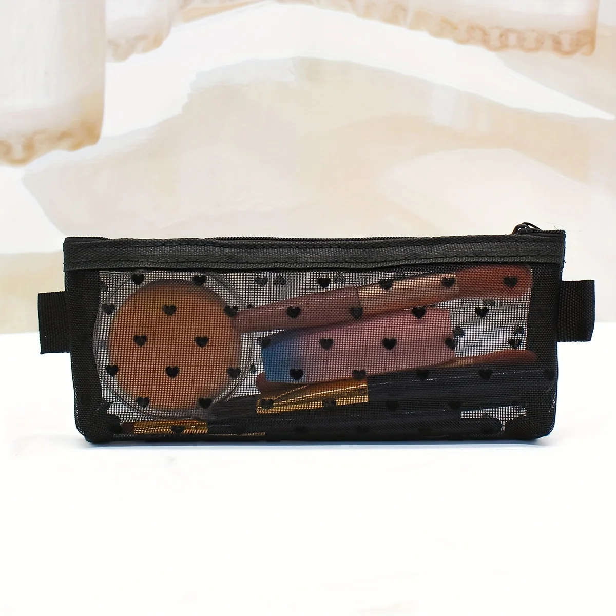 Fashionable Makeup Bag, Makeup Brush Storage Bag, Beauty Tool Storage Bag, Mesh Heart-Shaped Transparent Pencil Case