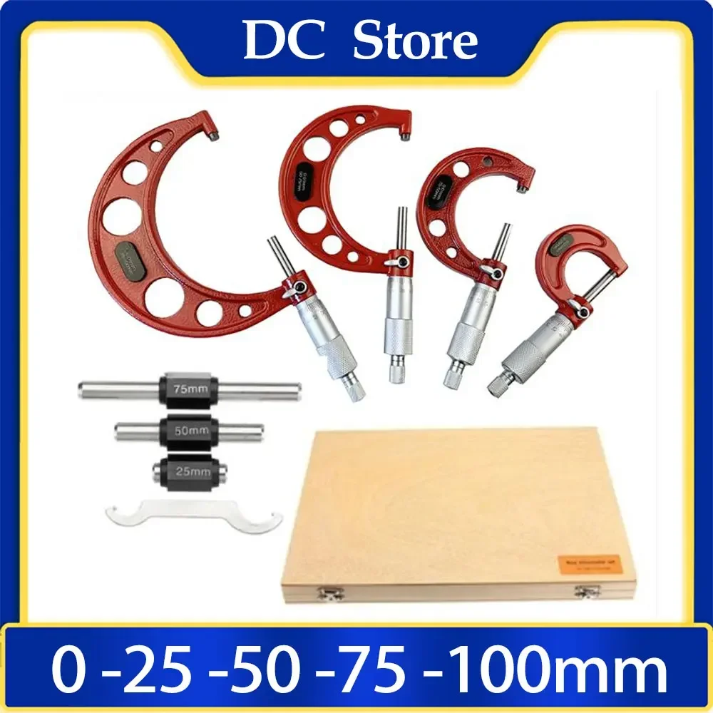 0-25mm-50mm-75mm-100mm Outside Micrometer Set with Standards Ratchet Stop 0-100mm Range 0.01mm Graduation (4 Piece Set)