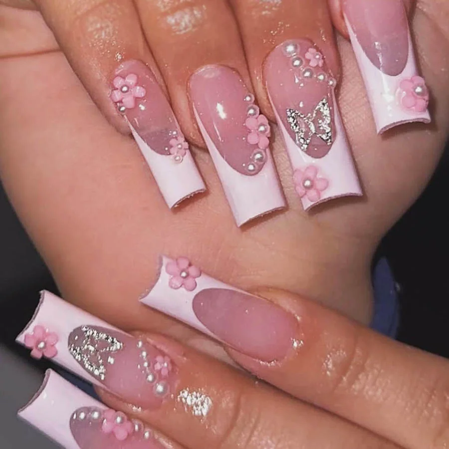 

24Pcs Mid-length Square French Nails Set Press on 3D Flower Butterfly Design Fake Nail Pearl Reusable Full Cover False Nail Tip