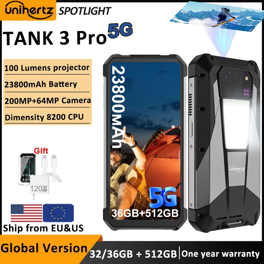 Unihertz Tank 3 Pro 8849 teléfono resistente 5G con proyector de 100 lúmenes Android 14 32GB 512GB 23800mAh teléfono impermeable WIFI 6 NFC