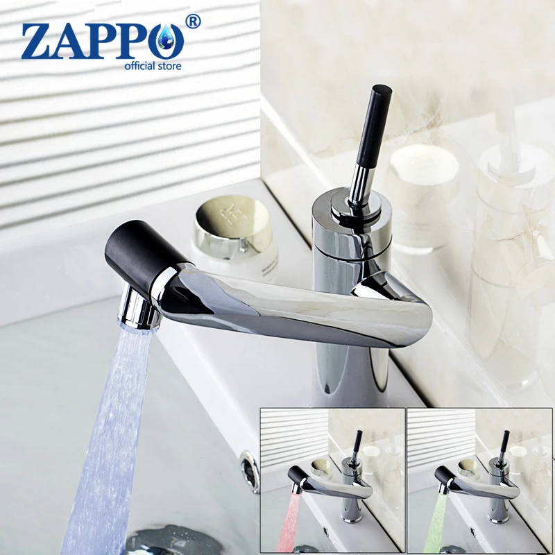 ZAPPO LED Bathroom Sink Faucet with 360 Swivel Arm Single Lever Hot Cold Water Mixer Faucet Deck Mounted 304 Stainless Steel Tap