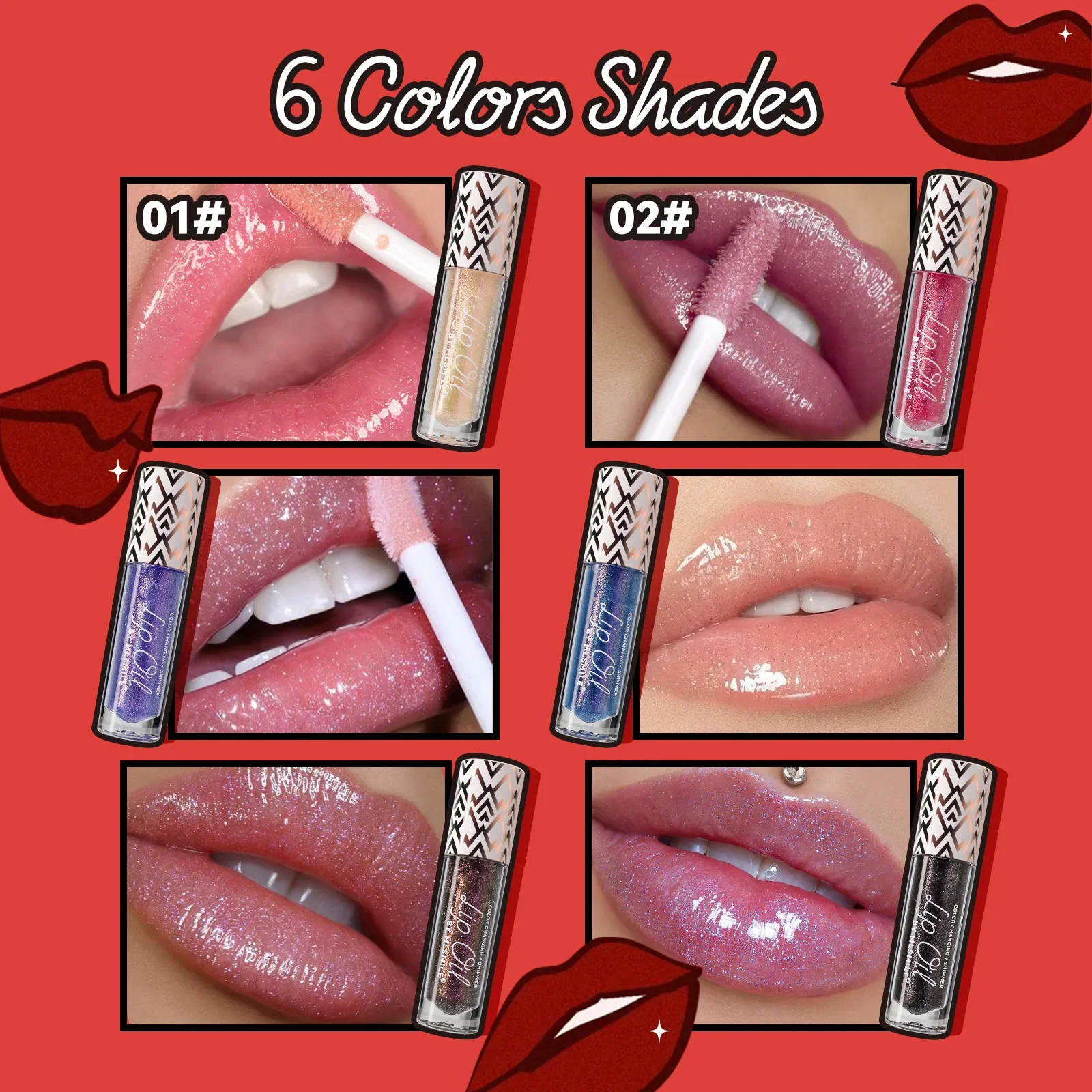 Lippenbalsam mit getönter Temperatur, glitzernder Lipgloss, feuchtigkeitsspendend, rot-orange, transparenter Lippenlack, schimmernde Tönungskosmetik