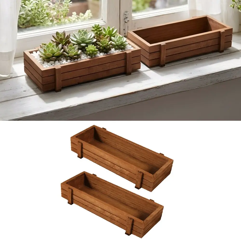 2PCS Wood Wooden Planter Box Antique Color Rectangular Succulent Planter Easy To Place Compact Indoor Outdoor Planter