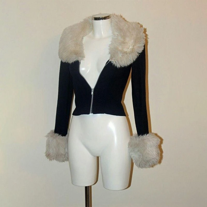 

Y2K Retro Sweet Cool Spicy Girl Style Cardigan Y2k Slim Plush Cuff Casual Fashion Plush Collar Zipper Short Jacket 2000s Clothes